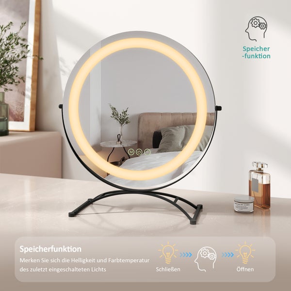 EMKE Kosmetikspiegel mit Beleuchtung ф40cm, Tisch-Standspiegel, mit Touchschalter & Memory-Funktion, 3 dimmbare Lichtfarben, 360° drehbar, bohrfrei, Schwarz