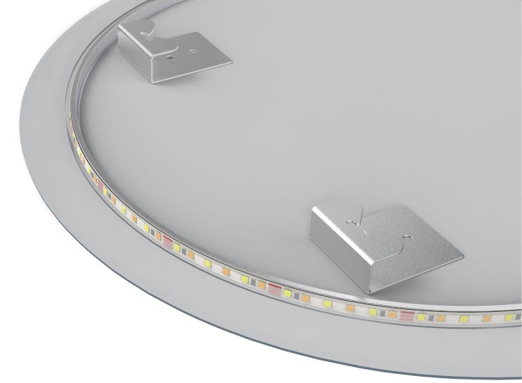 Rückseite einer runden LED Leuchte mit LED Band und zwei Metallbefestigungswinkeln zur Montage