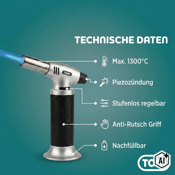TOM Gasbrenner mit Piezozündung, stufenlos regelbar, bis 1300 Grad Celsius, Anti Rutsch Griff und nachfüllbar mit technischer Zeichnung