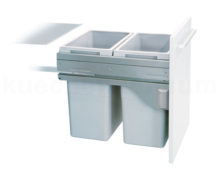 Einbau Mülltrennsystem mit zwei Kunststoff Abfalleimern und Metall Auszug für den Küchenunterschrank.