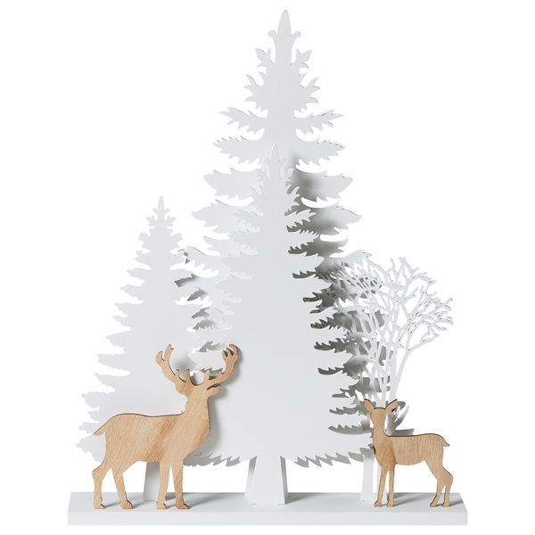 Dekorative Waldszene mit Bäumen und Hirschen aus Holz