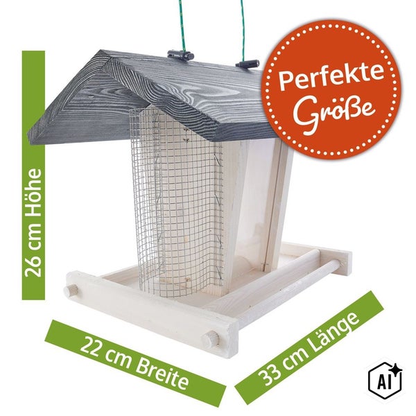 Holz Vogelhaus mit Futterspender und Drahtgitter, Höhe 26 cm, Breite 22 cm, Länge 33 cm