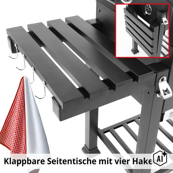 Klappbarer Seitentisch für Grill mit vier Haken für Grillbesteck und Flaschenöffner