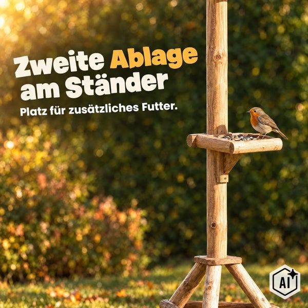 Ein rotkehlchen sitzt auf einer hölzernen vogelstation mit zweiter futterablage im garten.