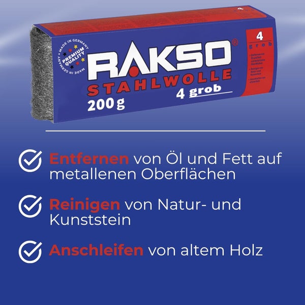 Rakso Logo. Stahlwolle Sorte 4 grob 200 Gramm zum Reinigen von Metall und Stein sowie Anschleifen von Holz Hergestellt in Deutschland Premium Qualität