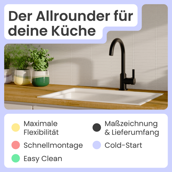 Küchenspüle mit Armatur, Pflanzen und Produktvorteilen