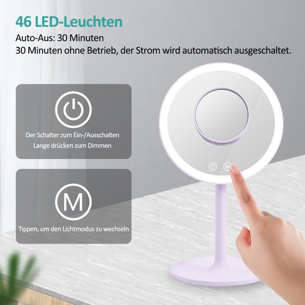 EMKE Kosmetikspiegel mit Beleuchtung Ø20 cm, 3 Lichtfarben, Touch-Schalter, Lila, Tragbarer Tischspiegel, für Reisen