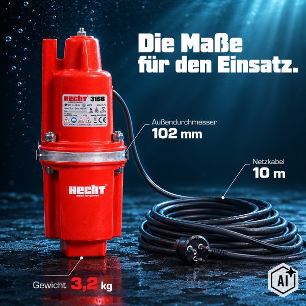 Hecht Tauchpumpe 3166 mit 600 Watt, 102 Millimeter Durchmesser, 10 Meter Netzkabel und 3,2 Kilogramm Gewicht.