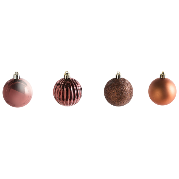 Vier Christbaumkugeln mit unterschiedlichen Oberflächen