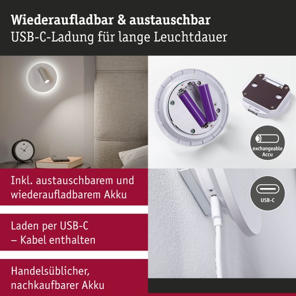 Wandleuchte mit USB-C-Ladefunktion und austauschbarem Akku für lange Leuchtdauer.
