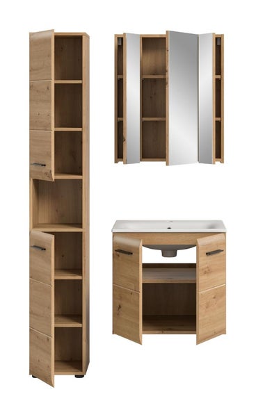 Modernes Badezimmermöbel-Set in heller Holzoptik mit Hochschrank, Spiegelschrank und Waschbeckenunterschrank inklusive Waschbecken.