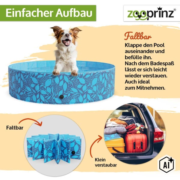 Faltbarer Hundepool mit Fischmuster von Zooprinz für einfache Aufbewahrung und Transport, inklusive Abbildung der platzsparenden Lagerung.