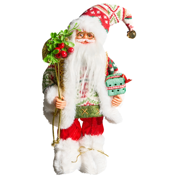 Dekorativer Weihnachtsmann mit Geschenk und Sack auf dem Rücken