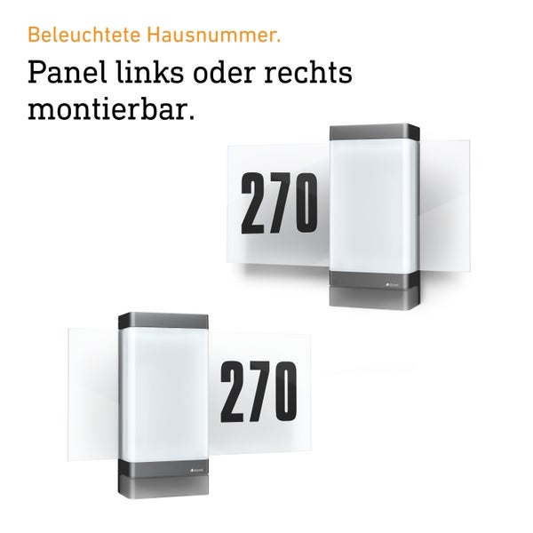 Beleuchtete Hausnummer von Steinel mit beidseitig montierbarem Panel für individuelle Montage.
