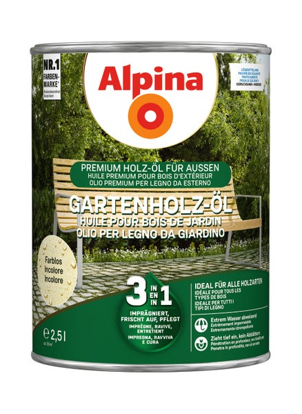 Alpina Gartenholz Öl, Premium Holzöl für den Außenbereich, 2,5 Liter Gebinde, farblos, imprägniert, frischt auf und pflegt.