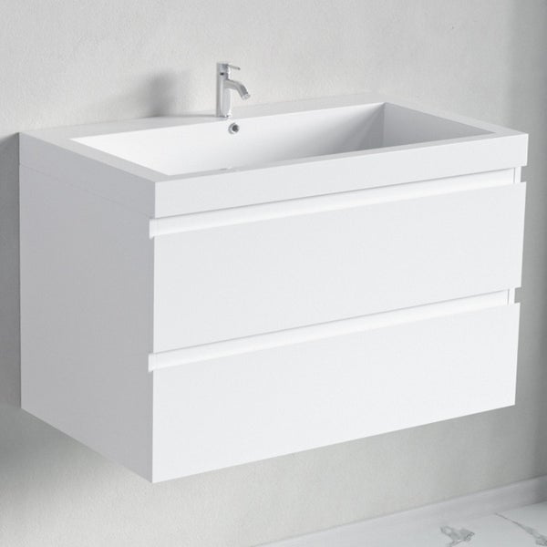 Wandhängender Waschtischunterschrank mit zwei Auszügen und integriertem Waschbecken inklusive Armatur für das Badezimmer.