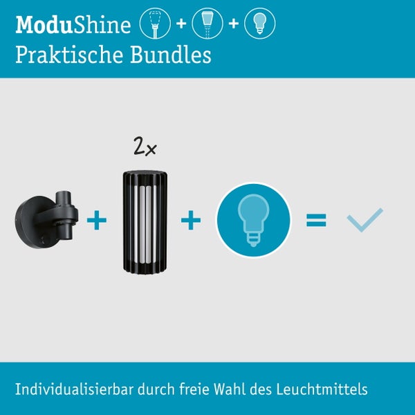 ModuShine Set bestehend aus Wandleuchtenhalterung, zwei Leuchtengehäusen und einem Leuchtmittel zur individuellen Konfiguration.