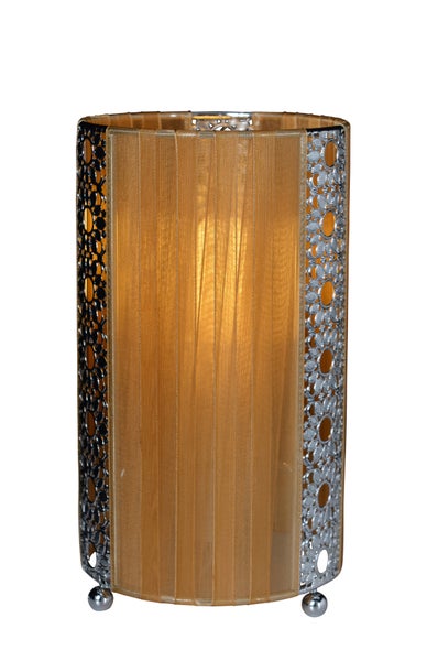 Tischleuchte mit Stoffschirm und dekorativem Metallsockel