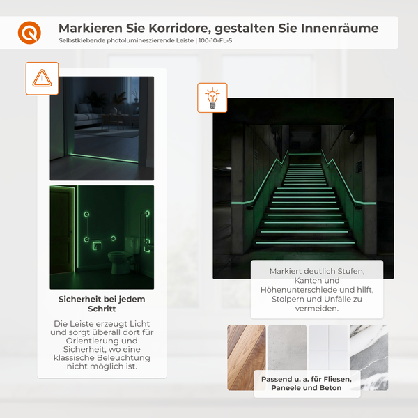 Fotolumineszierende Leiste zur Markierung von Korridoren und Gestaltung von Innenräumen, geeignet für Fliesen, Paneele und Beton