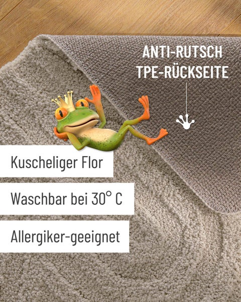 Teppich mit kuscheligem Flor, rutschhemmender Rückseite, waschbar bei 30 Grad Celsius und für Allergiker geeignet.