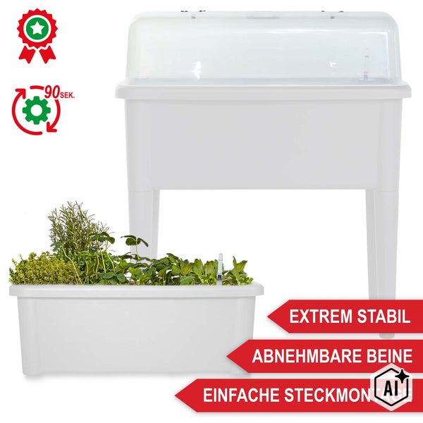 Kunststoff Hochbeet mit abnehmbaren Beinen und Pflanzhaube für einfaches Gärtnern.