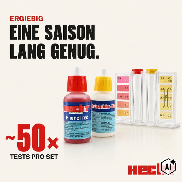 Hecht Pool Wassertest Set mit Phenol Red und Orthotolidine OTO Reagenzien sowie Testgerät zur Messung von pH und Chlor Werten für 50 Anwendungen.