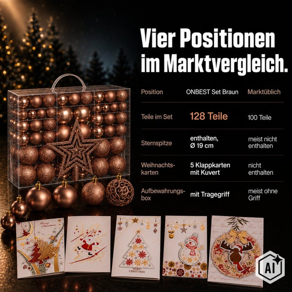 Weihnachtskugel Set mit 128 Teilen inklusive Sternspitze und 5 Weihnachtskarten in einer Aufbewahrungsbox mit Tragegriff im Marktvergleich.