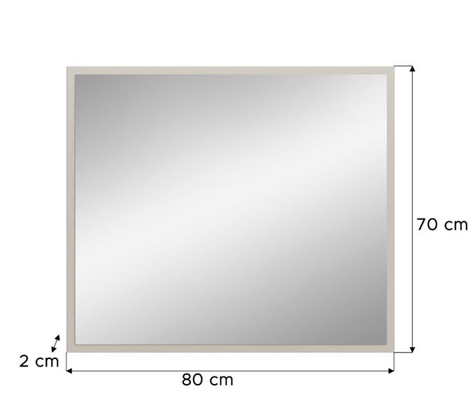 Quadratischer Spiegel mit Rahmen und Maßangaben 80 x 70 cm