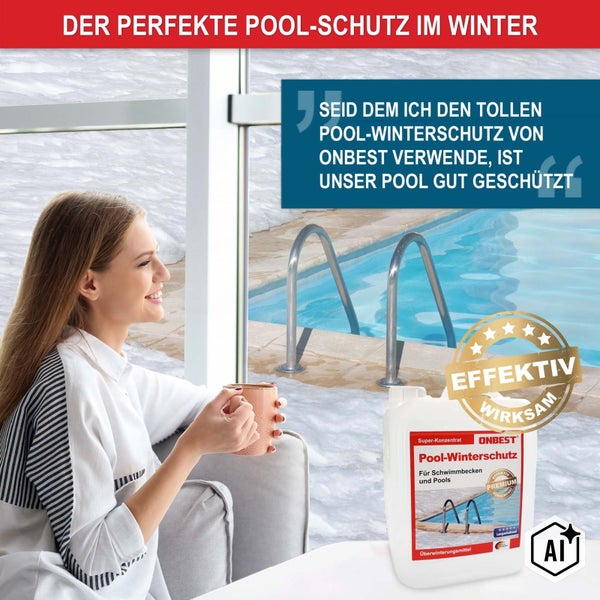 Frau trinkt Kaffee und schaut auf den winterlichen Pool, daneben ein Kanister Onbest Pool-Winterschutz Konzentrat für die Schwimmbadüberwinterung.