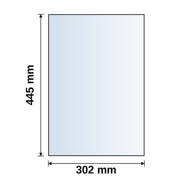 Maßskizze für ein rechteckiges Produkt mit einer Höhe von 445 Millimeter und einer Breite von 302 Millimeter.