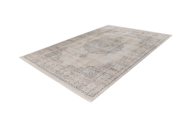 Rechteckiger Vintage-Teppich mit orientalischem Muster, zentralem Medaillon und kurzen Fransen.