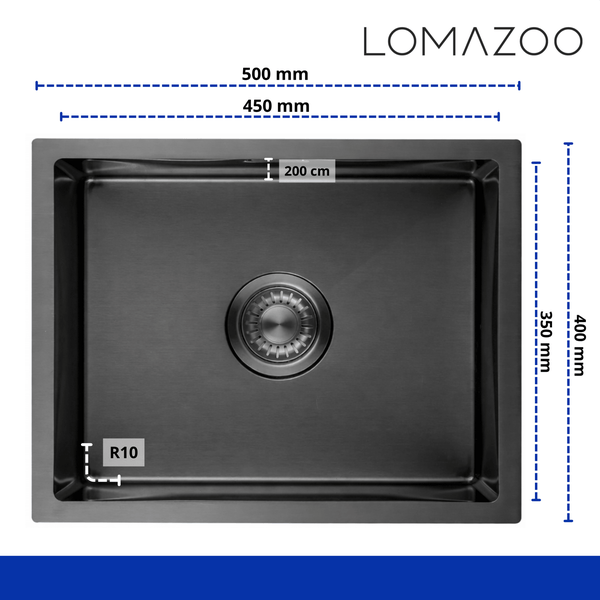 Lomazoo Einbauspüle Edelstahl mit Maßangaben in Millimeter für die Küchenmontage