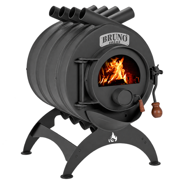 Bruno Mini Kaminofen mit Sichtfenster und Holzfeuer auf einem Metallgestell