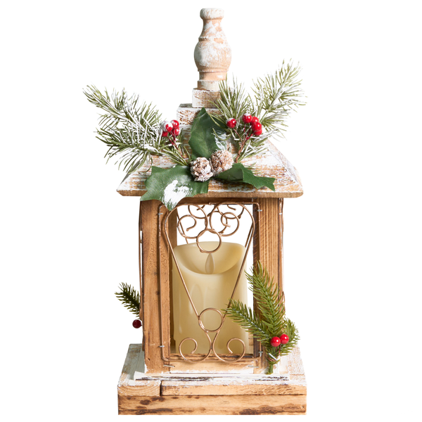 Dekorative Holzlaterne mit LED-Kerze und weihnachtlicher Dekoration