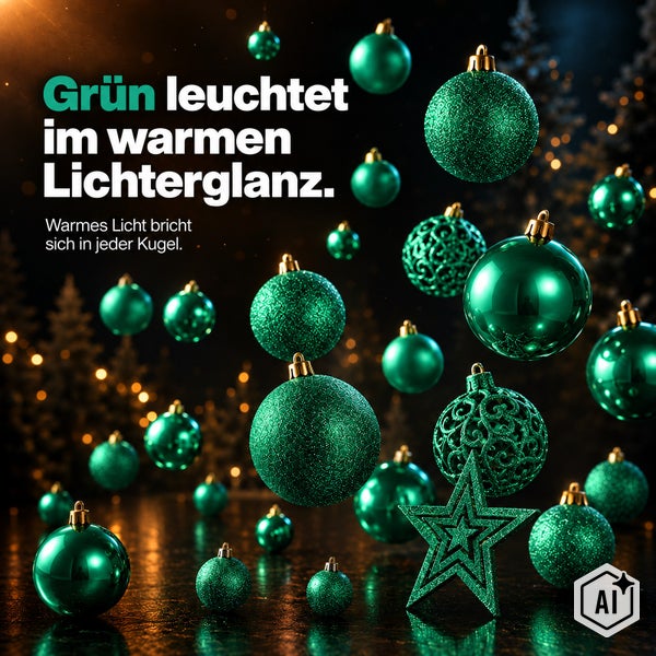 Weihnachtsbaumkugeln in verschiedenen Ausführungen mit Sternanhänger vor einem unscharfen Lichterhintergrund.