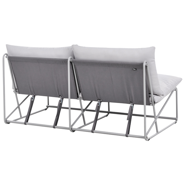 Rückansicht eines Zweisitzer-Gartensofas mit Metallrahmen und grauen Textilbespannungen