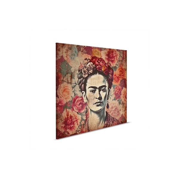 Wandbild mit dem Porträt einer Frau und Blumenmuster