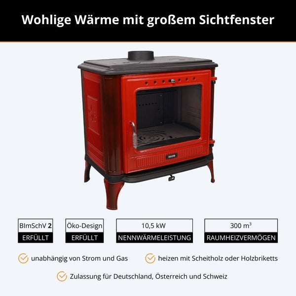 Kaminofen mit großem Sichtfenster, 10,5 Kilowatt Nennwärmeleistung, 300 Kubikmeter Raumheizvermögen, erfüllt BImSchV 2 und Öko-Design.