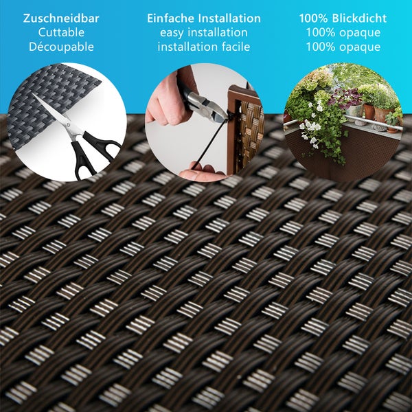 Balkon-Sichtschutz aus braunem Geflecht: zuschneidbar, einfache Montage mit Kabelbindern und 100 Prozent blickdicht.