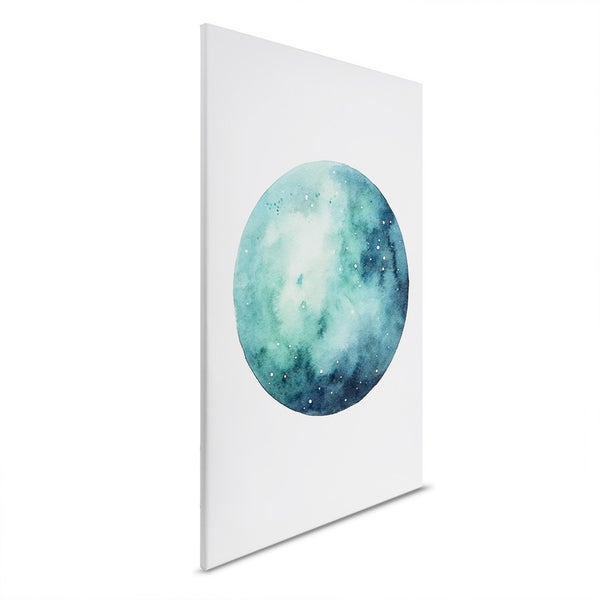 Gemälde mit rundem, blaugrünem Aquarellmotiv auf Leinwand