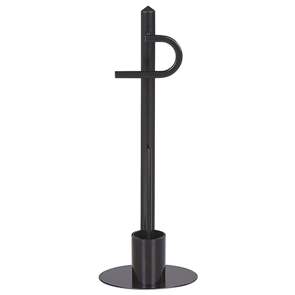 Freistehende Toilettengarnitur aus schwarzem Metall mit Toilettenpapierhalter und integriertem Toilettenbürstenhalter.