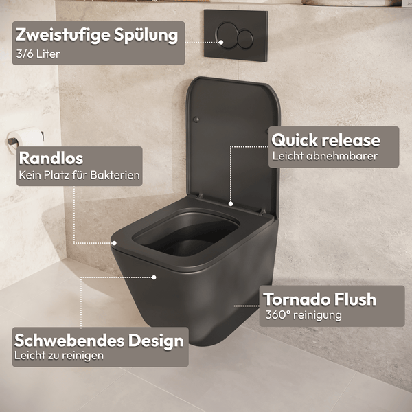 Wandhänge WC in moderner Optik mit Spülrandlos Funktion Tornado Spülung und abnehmbarem WC Sitz inklusive Betätigungsplatte für zwei Spülmengen
