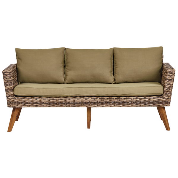 Gartensofa mit Rattanstruktur und drei Kissen