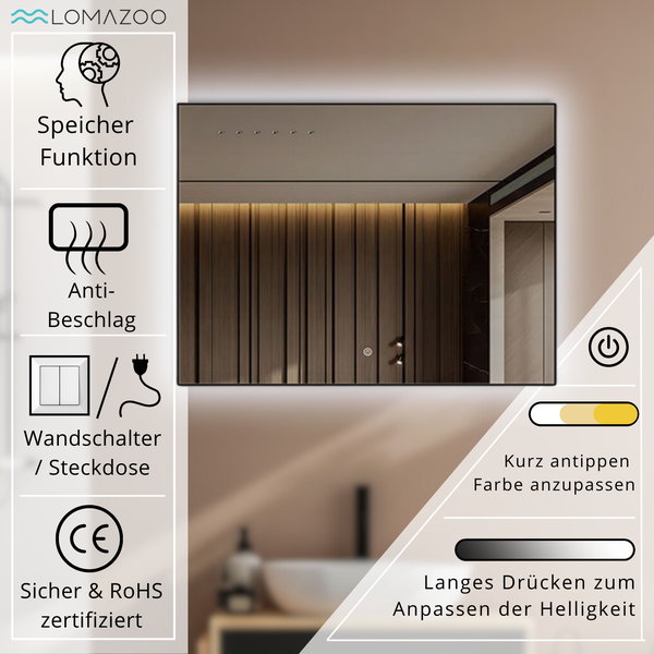 Lomazoo Badezimmerspiegel mit LED Beleuchtung, Memory Funktion, Antibeschlag, Wandschalter Anschluss, Dimmbar und CE RoHS Zertifizierung.