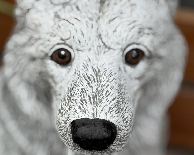Nahaufnahme einer Wolfs-Gartenfigur mit detaillierter Fellstruktur und lebensechten Augen.