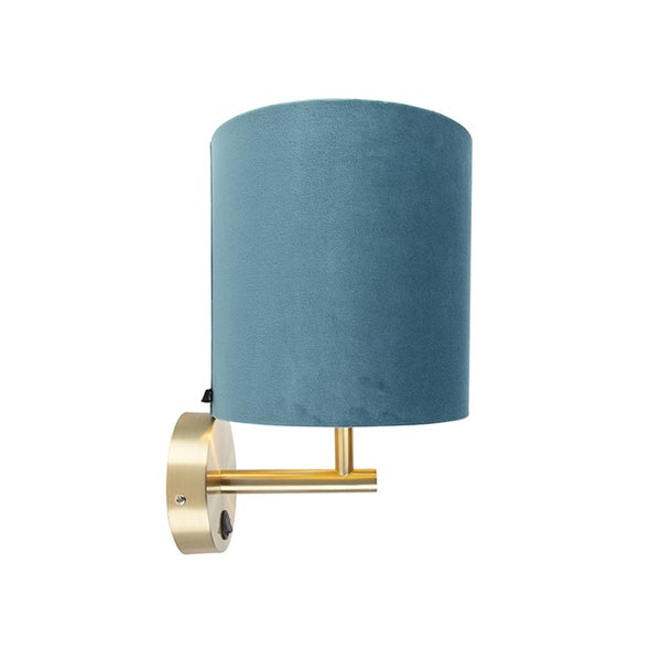 Enge Wandlampe Gold mit blauem Samtschirm - Matt