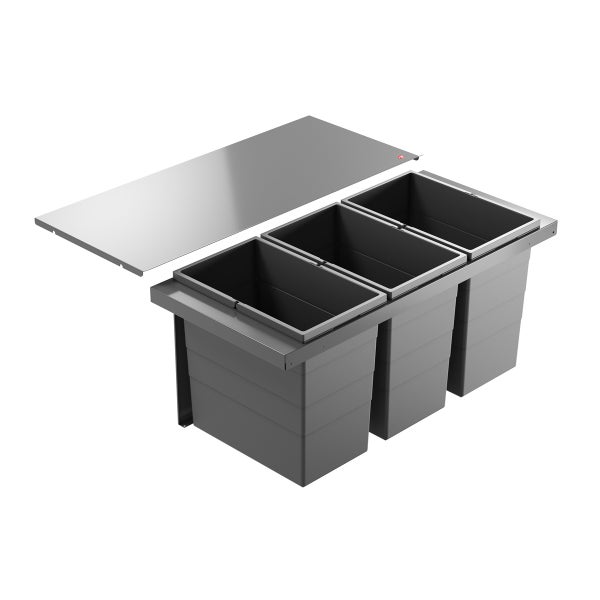 Mülltrennsystem für Küchenunterschränke bestehend aus drei grauen Kunststoffbehältern und einem silberfarbenen Metalldeckel.