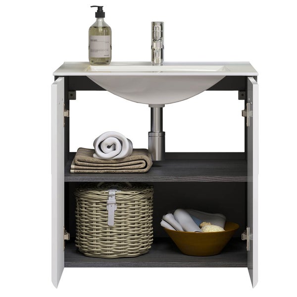 Riva Waschbeckenunterschrank 2 Türen, weiß Hochglanz, grau. 62 X 47 X 59 cm