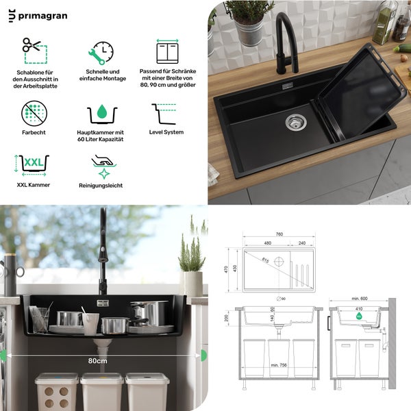PRIMAGRAN Granitspüle Anthrazit 76x47cm, Spülbecken 1 Becken + Küchenarmatur 32x20cm + Ablauf-Set + Aufrollbare Abtropffläche, Küchenspüle ab 80er Unterschrank - Praga Slim