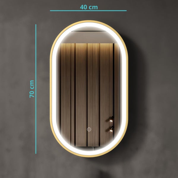 Ovaler Badezimmerspiegel mit LED Beleuchtung und Touchschalter, Breite 40 Zentimeter, Höhe 70 Zentimeter.